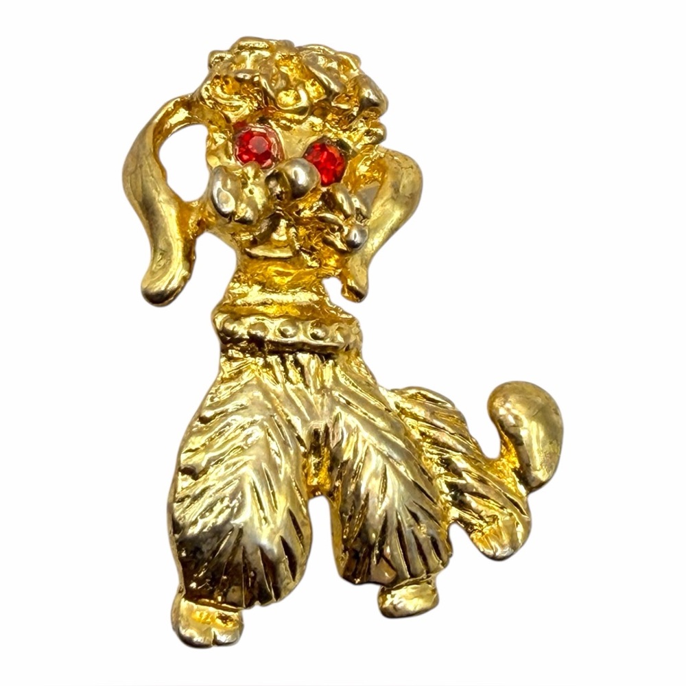 Vintage Gold-Tone Poodle Brooch With Red Rhinestone Eyes